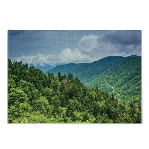 Appalachian Cutting Board, Nature Landscape of Dramatic Sky and Mountain Forest, Decorative Tempered Glass Cutting and Serving Board, in 3 Sizes, by Ambesonne