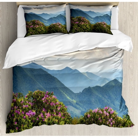 Appalachian Duvet Cover Set King Size, Blue Ridge Mountain Peaks and Spring Azalea Flowers Blooming with Fluffy Clouds, Decorative 3 Piece Bedding Set with 2 Pillow Shams, Multicolor, by Ambesonne