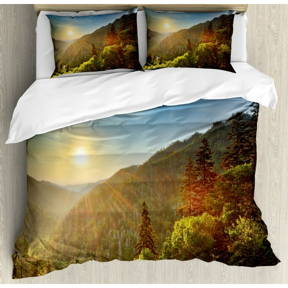 Appalachian Duvet Cover Set King Size, Outdoor Scene Photo of Sunset at Newfound Gap in the Great Smoky Mountains, Decorative 3 Piece Bedding Set with 2 Pillow Shams, Multicolor, by Ambesonne