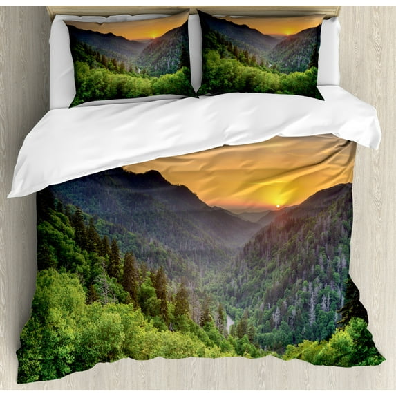 Appalachian Duvet Cover Set King Size, Sunset Panoramic Photo from Newfound Gap in the Great Smoky Mountains Print, Decorative 3 Piece Bedding Set with 2 Pillow Shams, Multicolor, by Ambesonne