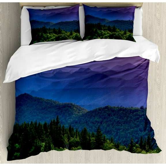 Appalachian Duvet Cover Set Queen Size, Extremely Colorful Sunset over Cowee Mountains Overlook Vista Photo Print, Decorative 3 Piece Bedding Set with 2 Pillow Shams, Multicolor, by Ambesonne