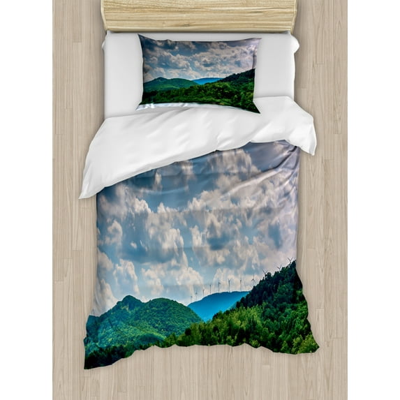 Appalachian Duvet Cover Set Twin Size, Panoramic Photo of Lake and Cloudy Sky with Windmills on Mountain Ridge, Decorative 2 Piece Bedding Set with 1 Pillow Sham, Multicolor, by Ambesonne