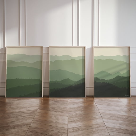 Appalachian Mountains Prints Sage Green Landscape North Carolina (NC) Evergreens Triptych Poster Set Set 3