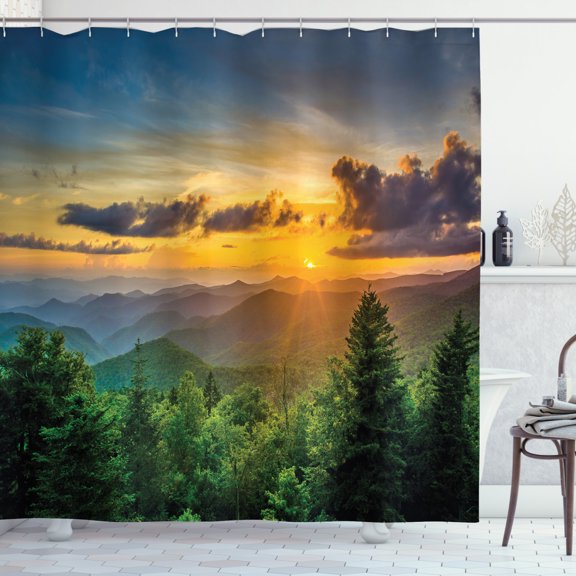 Appalachian Shower Curtain, Sunset Panorama over Fascinating Mountain Ridges and Trees Amazing Nature, Fabric Bathroom Set with Hooks, 69W X 70L Inches, Multicolor, by Ambesonne