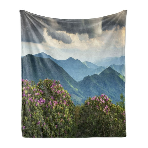 Appalachian Soft Flannel Fleece Blanket, Blue Ridge Mountain Peaks and Spring Azalea Flowers Blooming with Fluffy Clouds, Cozy Plush for Indoor and Outdoor Use, 60" x 80", Multicolor, by Ambesonne