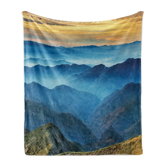 Appalachian Soft Flannel Fleece Throw Blanket, Blue Mountain Ridges with Foggy Look and Sunset Panorama, Cozy Plush for Indoor and Outdoor Use, 60" x 80", Sea Blue and Sand Brown, by Ambesonne