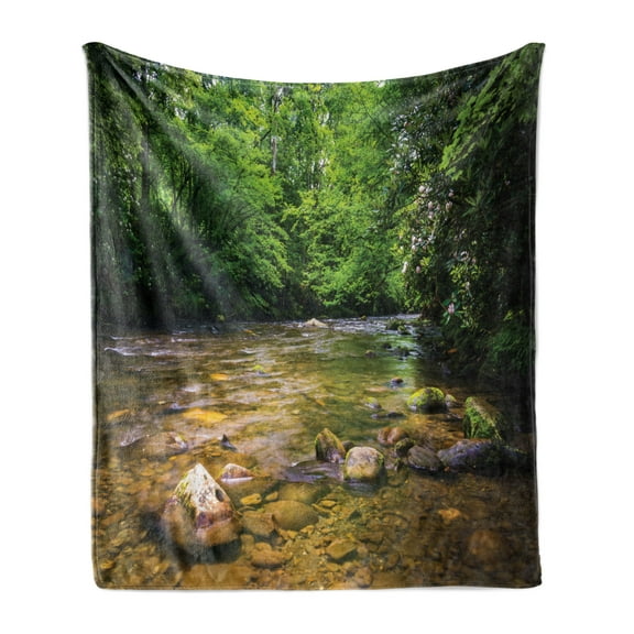 Appalachian Soft Flannel Fleece Throw Blanket, Oconaluftee River at Smoky Mountains National Park, Cozy Plush for Indoor and Outdoor Use, 50" x 70", Lime Green Charcoal Grey, by Ambesonne