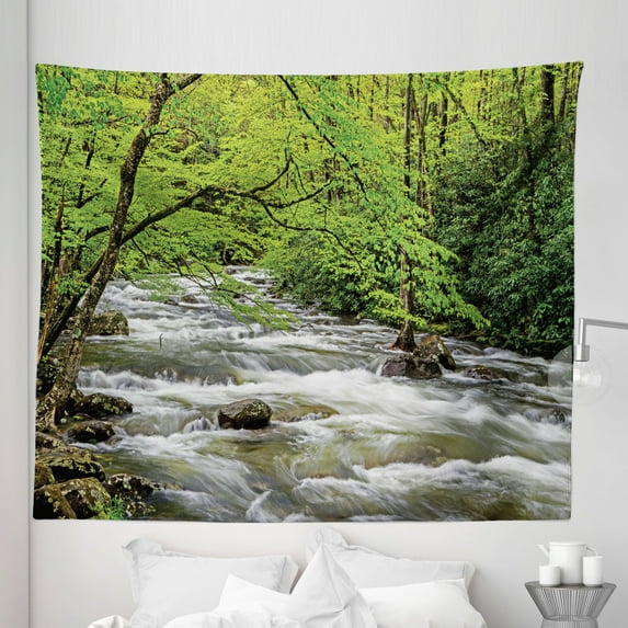 Appalachian Tapestry, Streaming Water Creek in Spring Forest Trees and Bushes, Fabric Wall Hanging Decor for Bedroom Living Room Dorm, 5 Sizes, Lime Green Sage Green, by Ambesonne