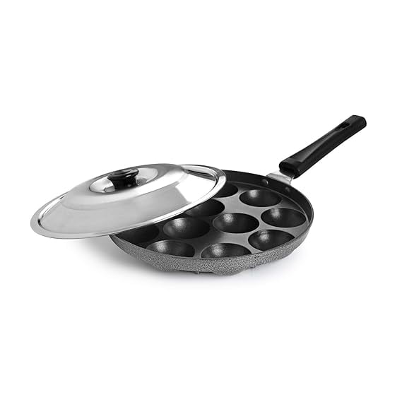 Appam Patra with Stainless Steel Lid Non-Stick Heavy Duty Aluminium 25 cm, 12 Cavity | Single Handle with SS Lid | Appam Maker | Appam Patra | Appam pan | Litti Maker | Black