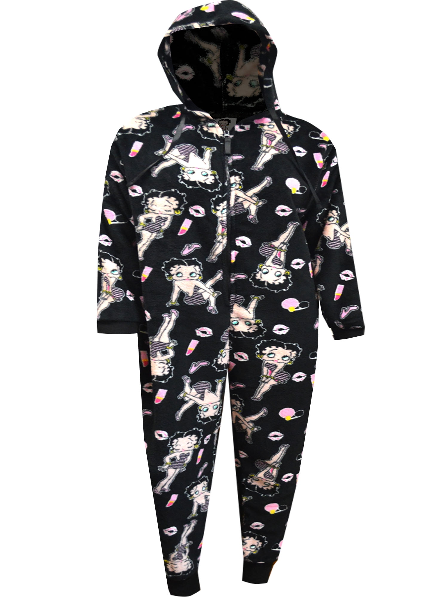 Apparel Connection LLC Womens Betty Boop Black Plush Hooded Onesie Pajama (Small)