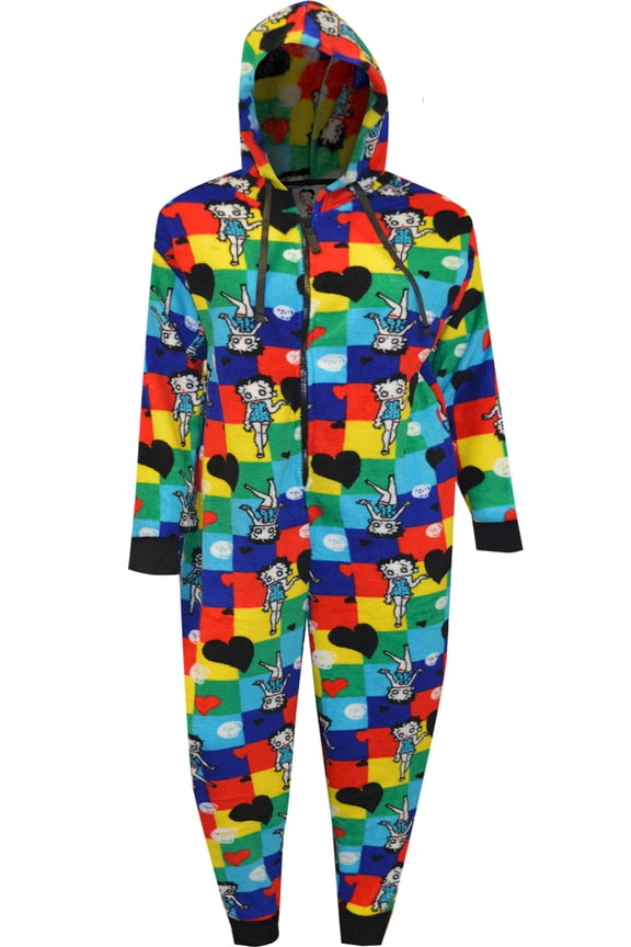 Womens Betty Boop Colorblock Plus Size Plush Onesie Hoodie Pajama (1X/2X)