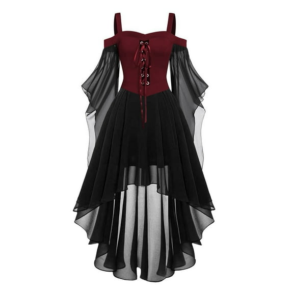 Apparel Gothic Style Dresses for Women Plus Size Midi Dress with Flare Sleeves Irregular Hemline Short Sleeve Chiffon Party Wear