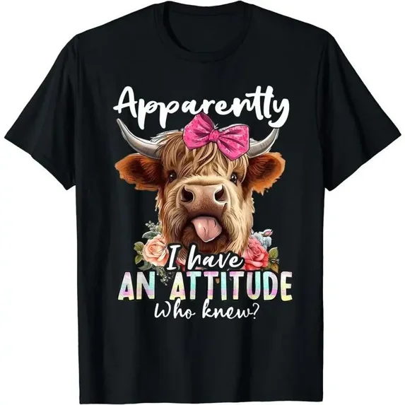 Apparently I Have An Attitude Who Knew T‑Shirt, Funny Highland Cow With Pink Bow Floral Graphic Short Sleeve Crewneck Women Tee