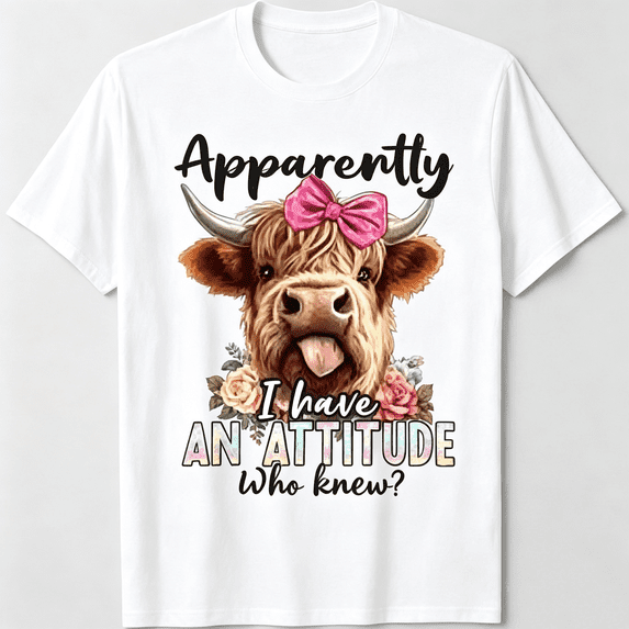 Apparently I Have An Attitude Who Knew T‑Shirt, Funny Highland Cow With Pink Bow Floral Graphic Short Sleeve Crewneck Women Tee