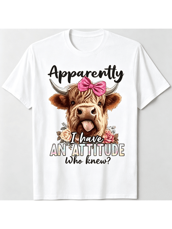Apparently I Have An Attitude Who Knew T‑Shirt, Funny Highland Cow With Pink Bow Floral Graphic Short Sleeve Crewneck Women Tee