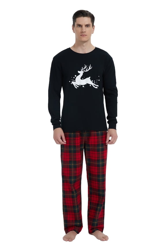 Cotton Matching Pajamas for Couples Long Sleeve Top & Long Pants Sleepwear Pjs Sets Fiery Check M M