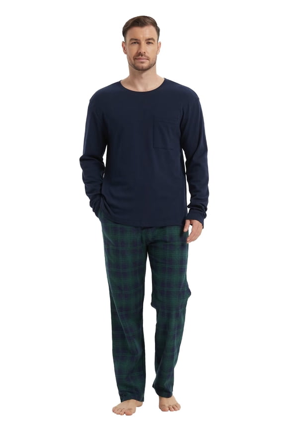 Men's Pajamas Sets Plaid Sleepwear Long Sleeve Shirts and Pants Lightweight Soft Mens Pjs Lounge Set with Pockets Forest Green L