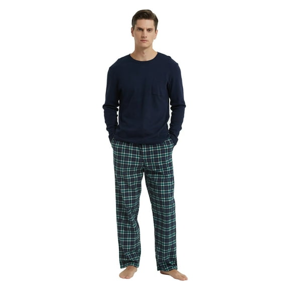 Apparonia Men's Pajamas Sets Plaid Sleepwear Long Sleeve Shirts and Pants Lightweight Soft Mens Pjs Lounge Set with Pockets Navy White Plaid L