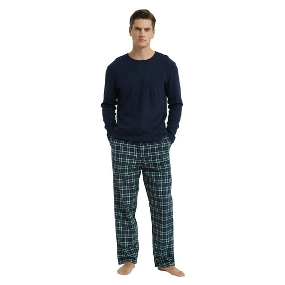 Apparonia Men's Pajamas Sets Plaid Sleepwear Long Sleeve Shirts and Pants Lightweight Soft Mens Pjs Lounge Set with Pockets Navy White Plaid XL