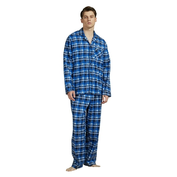 Apparonia Mens Pajamas Set Cotton Notched Collar Pajamas for Men Long Sleeve Mens Sleepwear with Pockets & Front Fly Blue Plaid 3XL