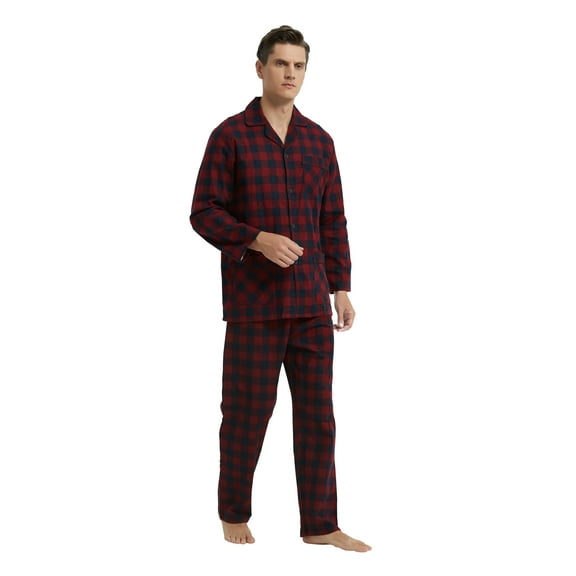 Apparonia Mens Pajamas Set Cotton Notched Collar Pajamas for Men Long Sleeve Mens Sleepwear with Pockets & Front Fly Burgundy Plaid M