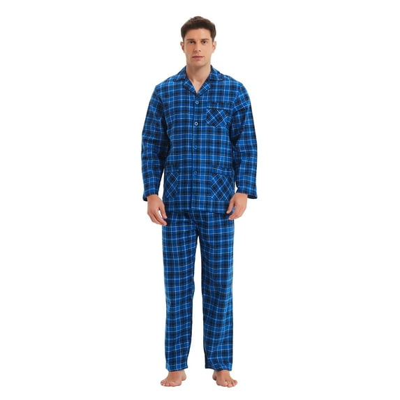 Apparonia Mens Pajamas Set Cotton Notched Collar Pajamas for Men Long Sleeve Mens Sleepwear with Pockets & Front Fly Calm Cobalt M
