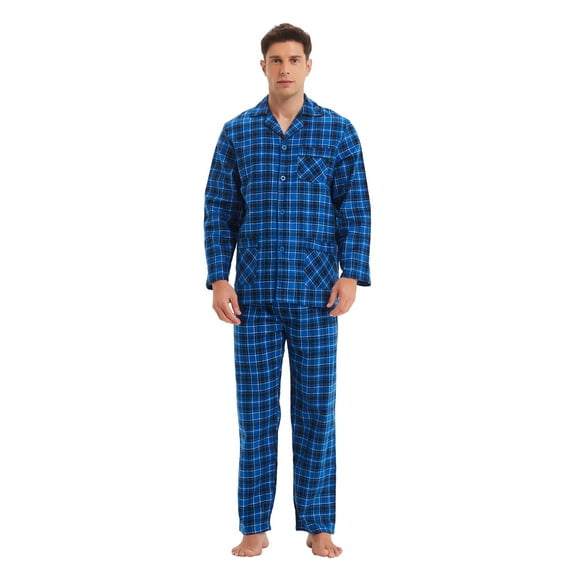Apparonia Mens Pajamas Set Cotton Notched Collar Pajamas for Men Long Sleeve Mens Sleepwear with Pockets & Front Fly Calm Cobalt XL