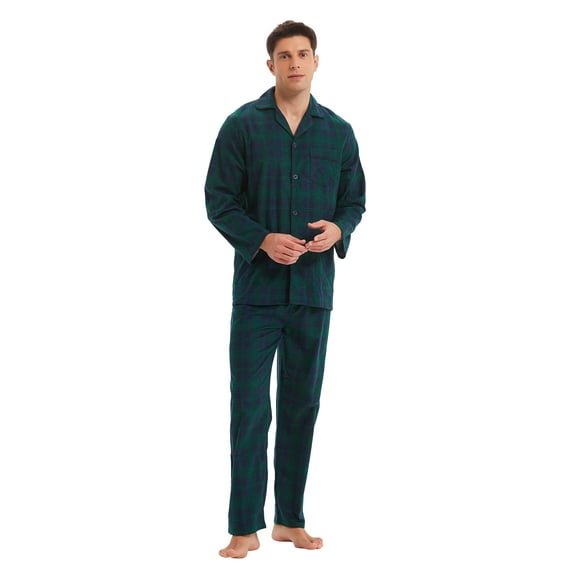 Apparonia Mens Pajamas Set Cotton Notched Collar Pajamas for Men Long Sleeve Mens Sleepwear with Pockets & Front Fly Forest Green M
