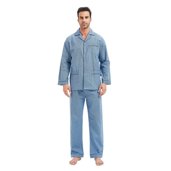 Apparonia Mens Pajamas Set Cotton Notched Collar Pajamas for Men Long Sleeve Mens Sleepwear with Pockets & Front Fly Graceful Blue M