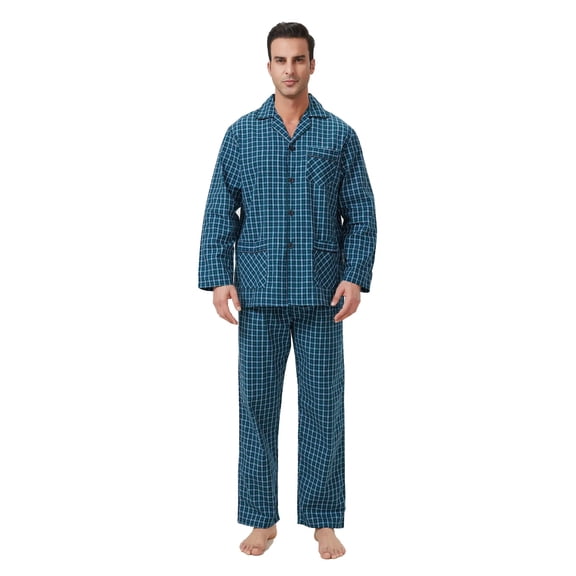 Apparonia Mens Pajamas Set Cotton Notched Collar Pajamas for Men Long Sleeve Mens Sleepwear with Pockets & Front Fly Green Plaid​ L