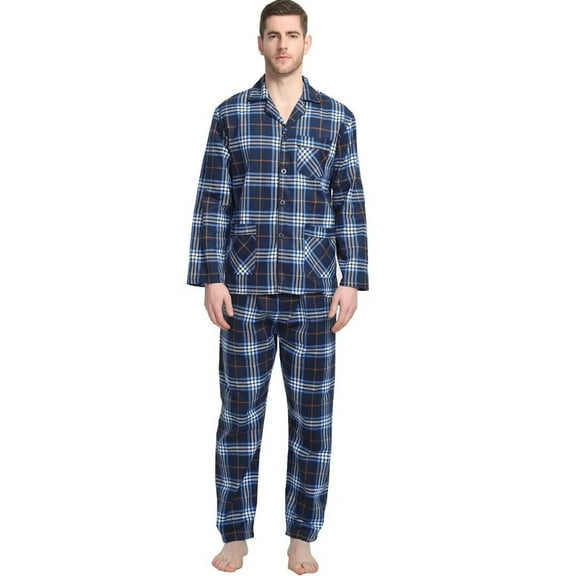 Apparonia Mens Pajamas Set Cotton Notched Collar Pajamas for Men Long Sleeve Mens Sleepwear with Pockets & Front Fly Noble Navy XXL