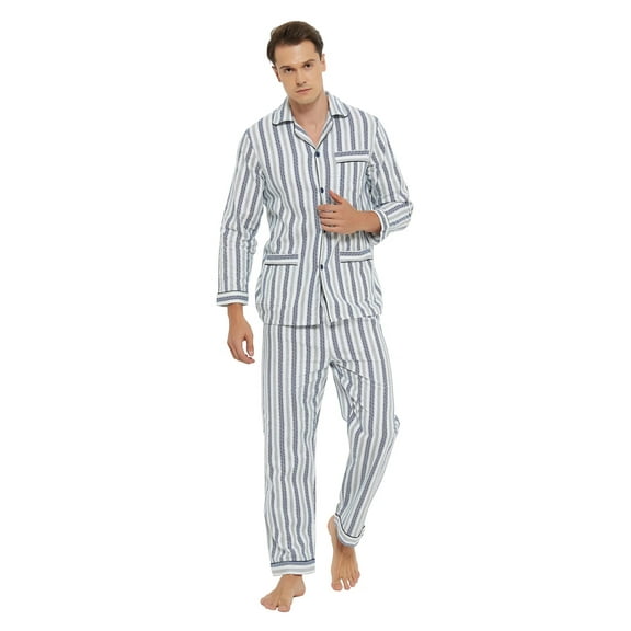 Apparonia Mens Pajamas Set Cotton Notched Collar Pajamas for Men Long Sleeve Mens Sleepwear with Pockets & Front Fly Soothing Stripes M