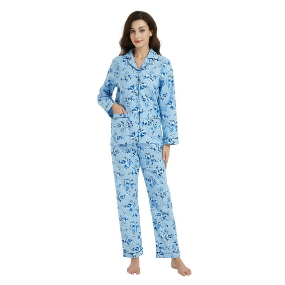 Apparonia Women's Pajama Sets 100% Cotton Flannel Ladies PJs Button Front Top Drawstring Bottoms Azure Bloom M