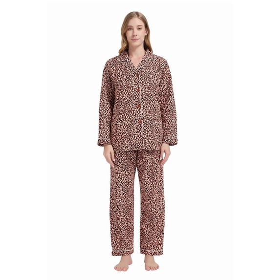 Apparonia Winter Pajamas For Women Flannel Pajamas Sets Long with Pockets Brown/Black Leopard XL