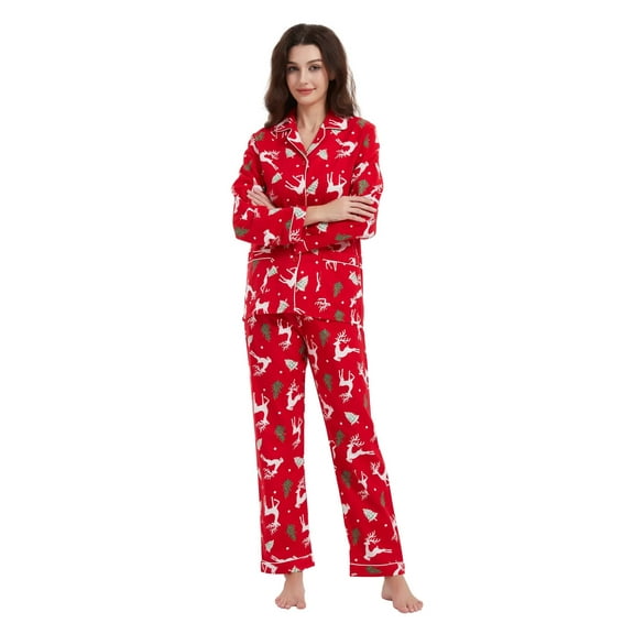 Apparonia Women's Pajama Sets 100% Cotton Flannel Ladies PJs Button Front Top Drawstring Bottoms Christmas Reindeer 3XL