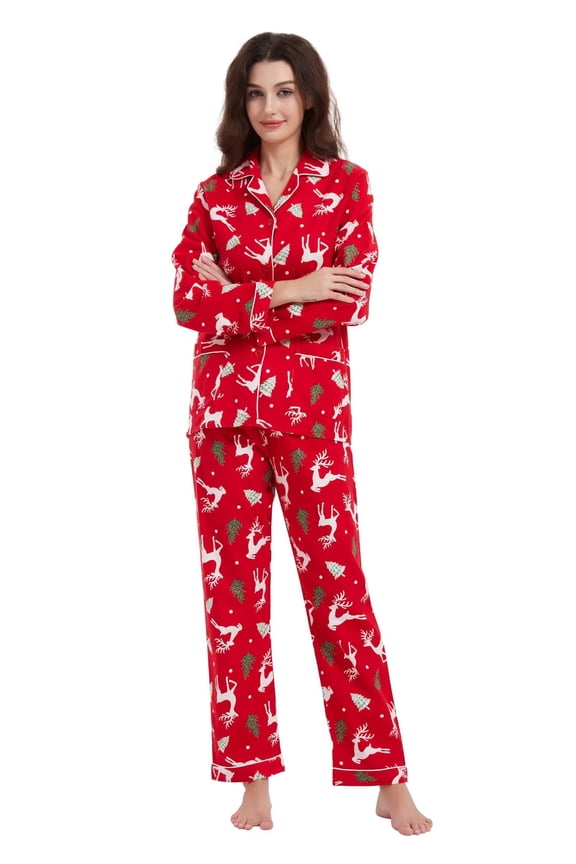 Women's Pajama Sets 100% Cotton Flannel Ladies PJs Button Front Top Drawstring Bottoms Christmas Reindeer M