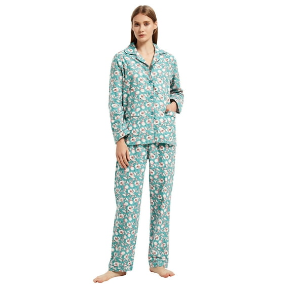Apparonia Women's Pajama Sets 100% Cotton Flannel Ladies PJs Button Front Top Drawstring Bottoms Green Blossom M