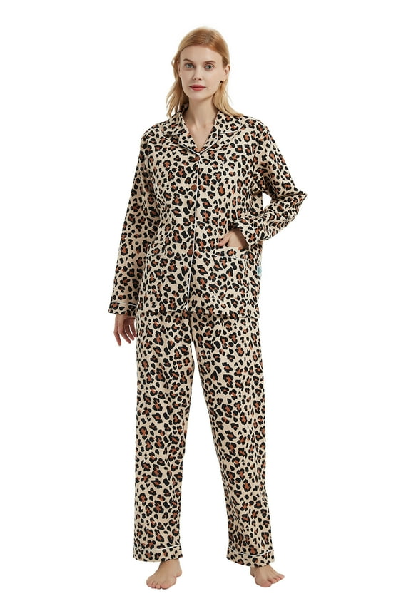 Women's Pajama Sets 100% Cotton Flannel Ladies PJs Button Front Top Drawstring Bottoms Leopard Print M