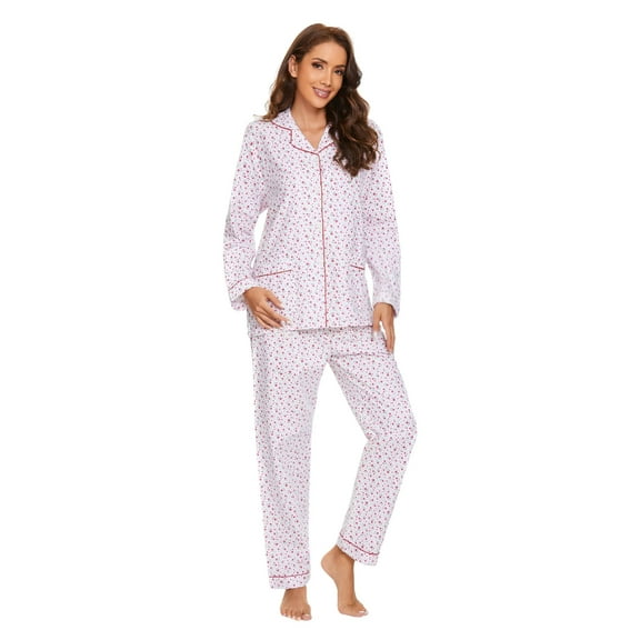 Apparonia Women's Pajama Sets 100% Cotton Flannel Ladies PJs Button Front Top Drawstring Bottoms Lovely Pink Bloom M