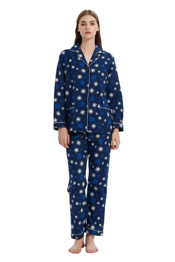 Women's Pajama Sets 100% Cotton Flannel Ladies PJs Button Front Top Drawstring Bottoms Midnight Flurry M