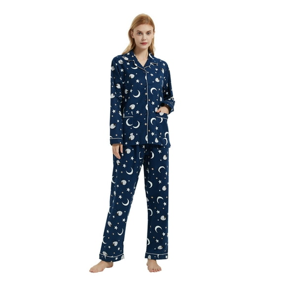 Apparonia Women's Pajama Sets 100% Cotton Flannel Ladies PJs Button Front Top Drawstring Bottoms Navy Nimbus XL