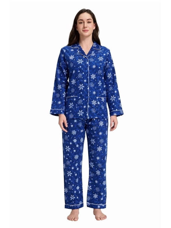 Women's Sleepwear Cotton Pajama Set Flannel Long-Sleeve Button Down Shirt and Pant Navy Snowflake Swirl M