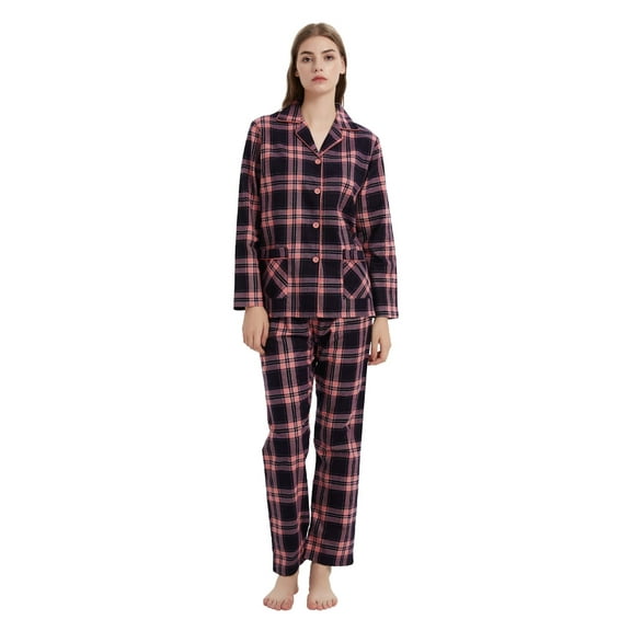 Apparonia Women's Pajama Sets 100% Cotton Flannel Ladies PJs Button Front Top Drawstring Bottoms Pink Navy Plaid M