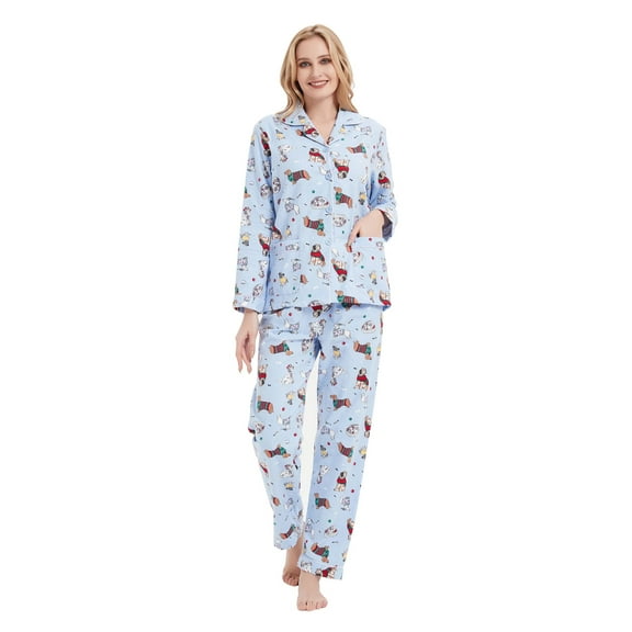 Apparonia Women's Pajama Sets 100% Cotton Flannel Ladies PJs Button Front Top Drawstring Bottoms Puppy Parade 3XL