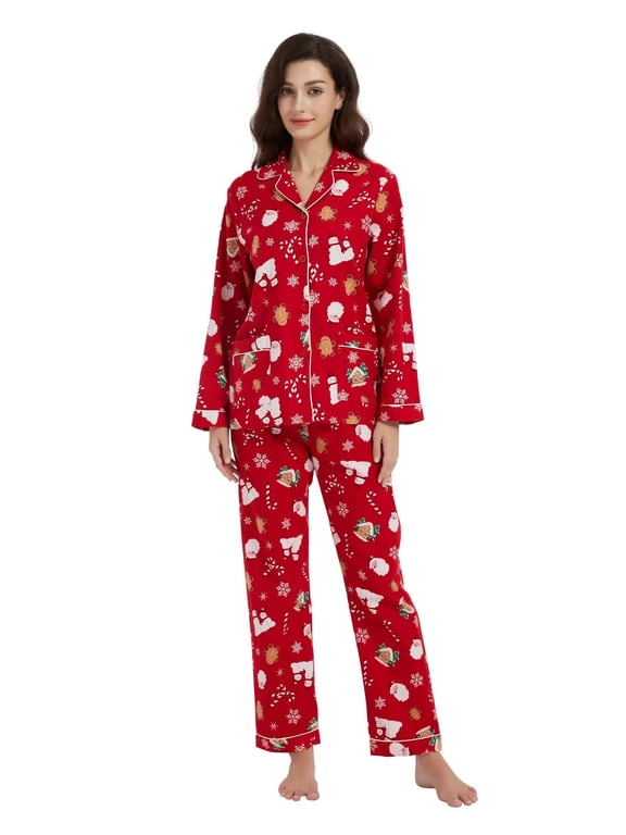 Winter Pajamas For Women Flannel Pajamas Sets Long with Pockets Santa Pattern 3XL