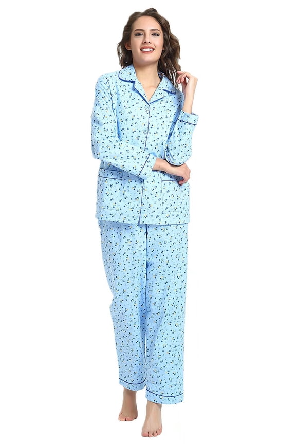 Women's Pajama Sets 100% Cotton Flannel Ladies PJs Button Front Top Drawstring Bottoms Sky Petal L