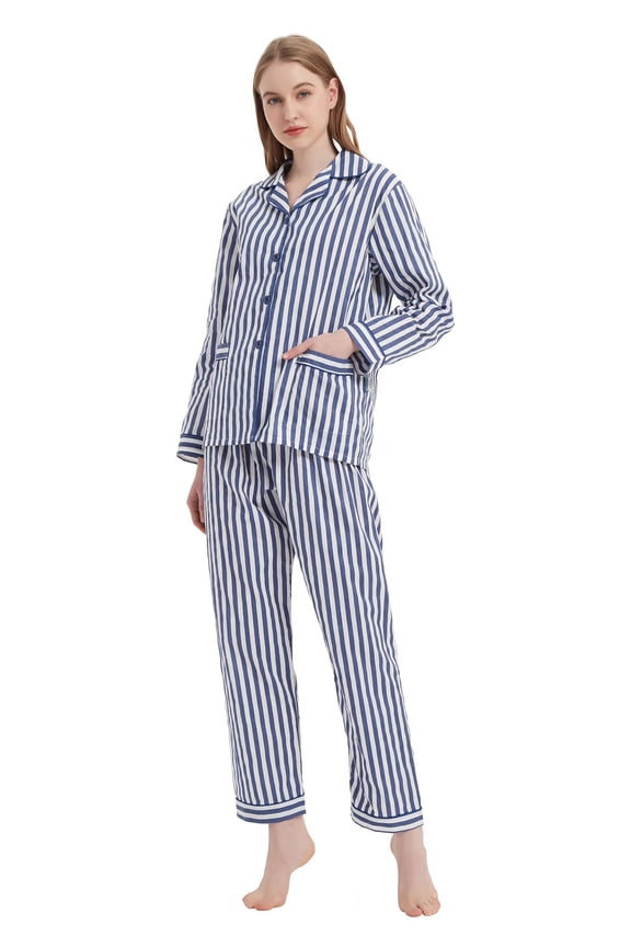 Women's Pajamas Set, Comfywear Sleepwear for Women Set, Cotton Loungewear, Long Sleeve Top & Pants Set Blue Stripes M