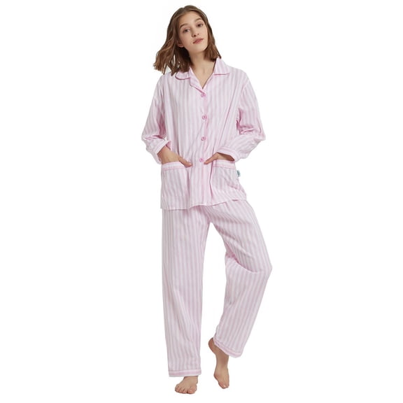 Apparonia Women's Pajama Sets Cotton Nightwear Long-Sleeve Button Front Shirt and Pant Sleepwear Notch Collar Pjs Lounge Sets Pink Stripes​ L