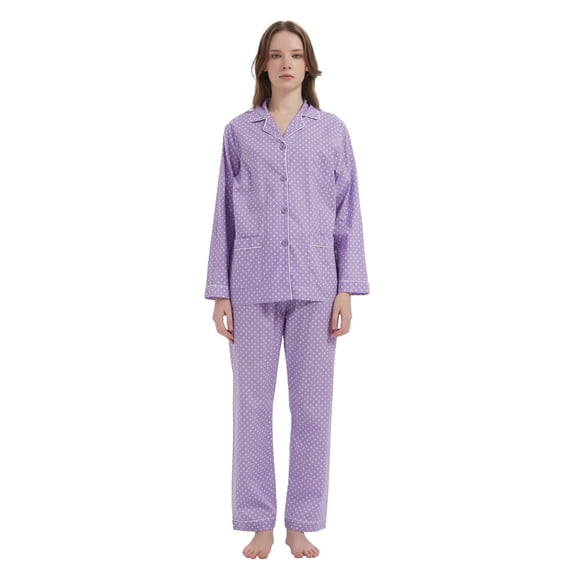 Apparonia Women's Pajama Sets Cotton Nightwear Long-Sleeve Button Front Shirt and Pant Sleepwear Notch Collar Pjs Lounge Sets Purple Polka Dots M