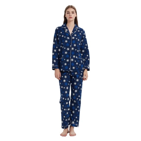Apparonia Women's Sleepwear Cotton Pajama Set Flannel Long-Sleeve Button Down Shirt and Pant Midnight Flurry XL